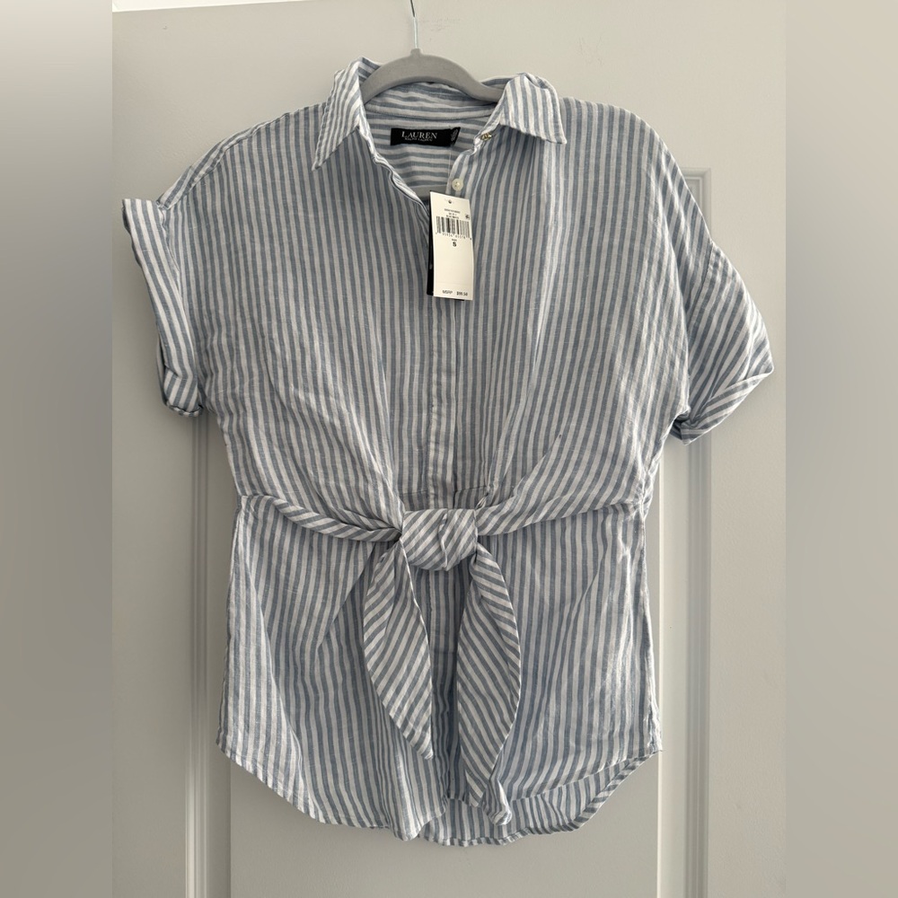 Lauren Ralph Lauren Light Blue & White Striped Tie-Front Shirt